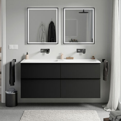 Badmöbel Unterschrank Bernstein LAVOA 140cm mit Mineralguss Waschbecken CREAM Badmöbel: Schwarz matt, Metallgriff: Anthrazit matt, Waschbecken: Weiß matt ohne Hahnloch