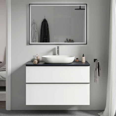 Badmöbel Unterschrank Bernstein LAVOA 80cm Badmöbel: Weiß matt, Waschtischplatte: Mitternachtsblau matt, Metallgriff: Chrom
