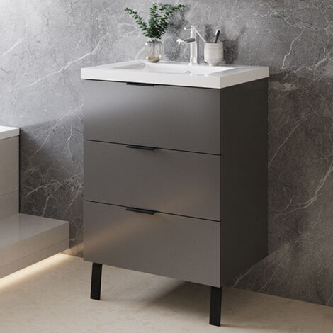 Badmöbel Unterschrank Standschrank Stehend mit Keramik Waschbecken Hochglanz anthrazit 60cm