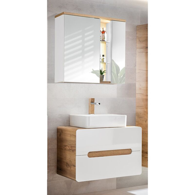 Badmöbel Waschplatz Set LUTON-56 Hochglanz weiß, Wotaneiche mit Keramik-Waschtisch und LED-Spiegelschrank, BxHxT 80x195x46cm