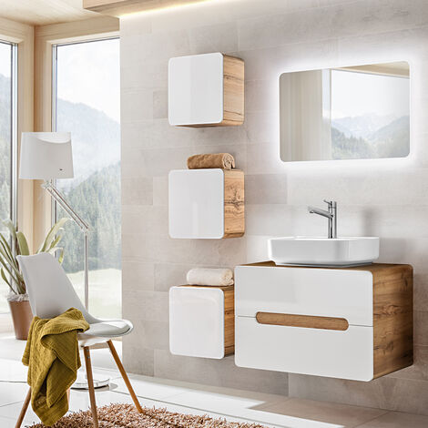 Badmöbel Waschplatz Set LUTON-56 in Hochglanz weiß mit Wotan Eiche Nb. B/H/T ca. 130/200/46 cm