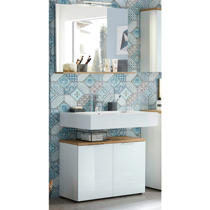 Badmöbel Waschplatz Set mit LED-Spiegel LUBLIN-01 Waschbeckenschrank mit Glasfront weiß, Navarra Eiche