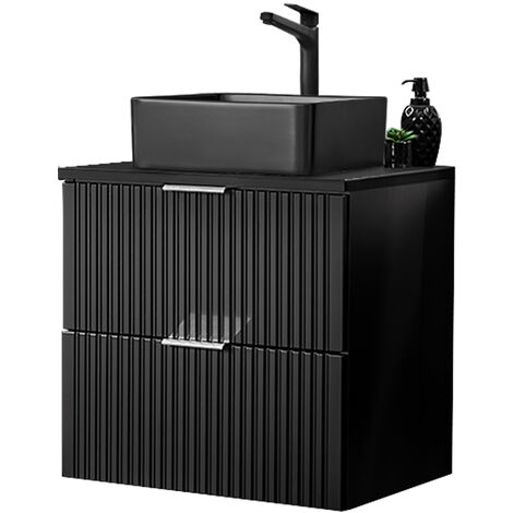 Badmöbel Waschtisch, 61cm, mit schwarzem Aufsatzbecken, ADELAIDE-56-BLACK, matt schwarz Rillenoptik, B/H/T ca. 60,6/72,2/46,5 cm