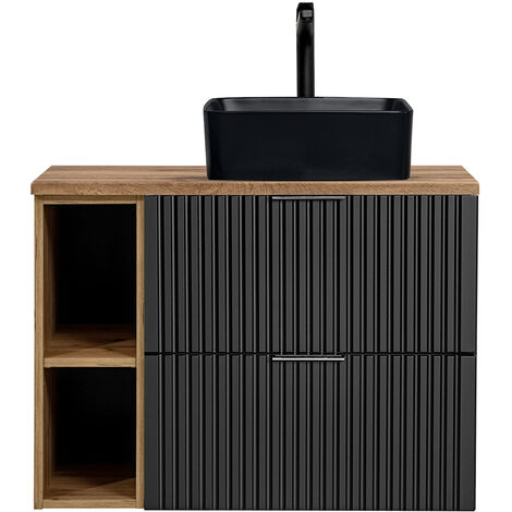 Badmöbel Waschtisch, 81cm, mit schwarzem Aufsatzbecken, ADELAIDE-56-BLACK, matt schwarz mit Eiche Nb., Rillenoptik, B/H/T ca. 80,6/72,2/46,5 cm