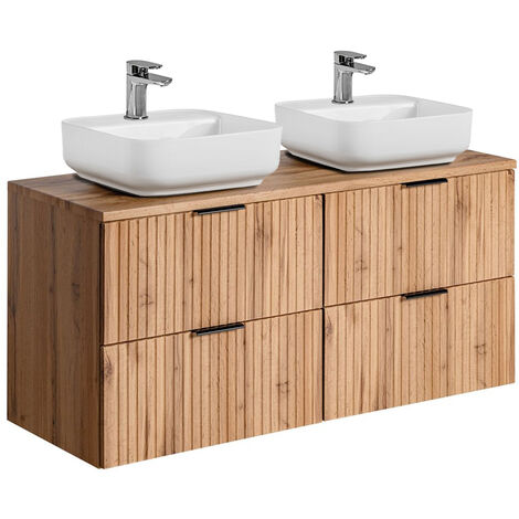 Badmöbel Waschtisch mit 120 cm Unterschrank Set Wotaneiche gerillt ADELAIDE-56 2x 40 cm Keramik-Waschbecken, B/H/T 120,6/73,2/46,5 cm