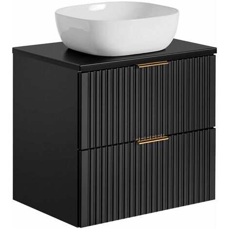 Badmöbel Waschtisch Set Unterschrank ADELAIDE-56-BLACK matt schwarz gerillt, 42cm Keramik-Waschbecken, 2 Softclose-Schubkästen, B/H/T 60,6/73,7/46,5 cm