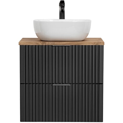 Badmöbel Waschtisch Set Unterschrank ADELAIDE-56-BLACK matt schwarz gerillt mit Wotan Eiche Nb., 42cm Keramik-Waschbecken, 2 Softclose-Schubkästen, B/H/T 60,6/73,7/46,5 cm