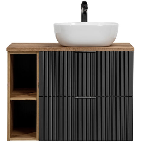 Badmöbel Waschtisch Set Unterschrank ADELAIDE-56-BLACK matt schwarz gerillt mit Wotan Eiche Nb., 42cm Keramik-Waschbecken, 2 Softclose-Schubkästen, B/H/T 80,6/73,7/46,5 cm