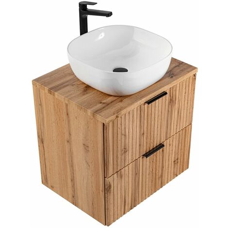 Badmöbel Waschtisch Set Unterschrank Wotaneiche gerillt, 42cm Keramik-Waschbecken, 2 Softclose-Schubkästen, B/H/T 60,6/73,7/46,5 cm