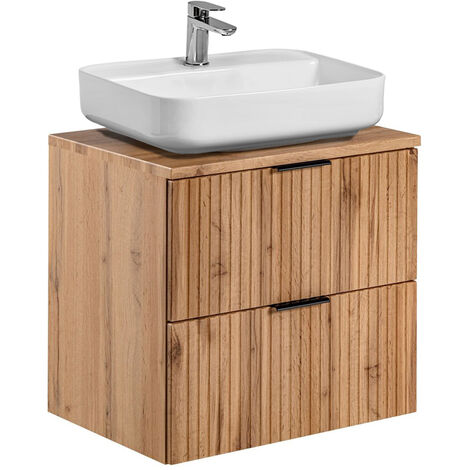 Badmöbel Waschtisch Unterschrank 60 cm Set Wotaneiche gerillt, 50 cm Keramik-Waschbecken, 2 Softclose-Schubkästen, B/H/T 60,6/73,2/46,5 cm
