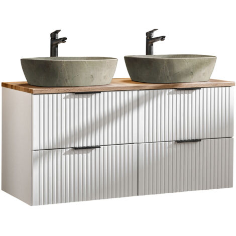 Badmöbel Waschtisch Unterschrank Set 120 cm matt weiß mit Wotaneiche, 2 Softclose Schubkästen, 2 Keramik-Waschbecken Betonoptik