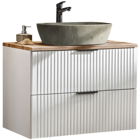 Badmöbel Waschtisch Unterschrank Set 80 cm matt weiß mit Wotaneiche, 2 Softclose Schubkästen, Keramik-Waschbecken Betonoptik