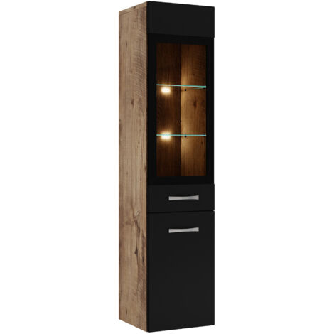 Badplaats – Colonne de salle de bain 131 cm – Chêne noir mat – Meuble haut avec portes réversibles – Installation murale incluse