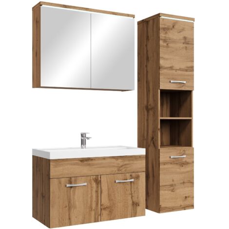 Badplaats – Ensemble de meubles de salle de bain 4 pièces – Lavabo en marbre artificiel 80 cm – Meuble haut avec éclairage LED – Miroir inclus