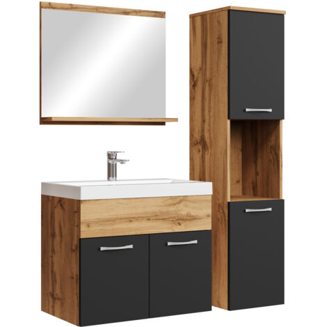 Badplaats – Ensemble de meubles de salle de bain 60 cm – Lavabo en marbre artificiel – Meuble haut avec étagère – Chêne gris – Montage facile
