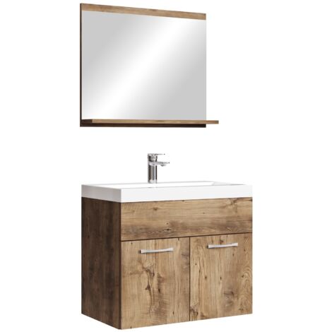 Badplaats – Meuble de salle de bain 60 cm – Lavabo en marbre artificiel – 2 portes – Chêne marron – Miroir avec étagère – Montage facile
