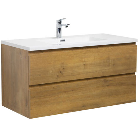 Badplaats – Meuble double vasque 100 cm avec lavabo en marbre artificiel – 2 tiroirs soft-close – Chêne – Dimensions meuble 994 x 476 x 400 mm