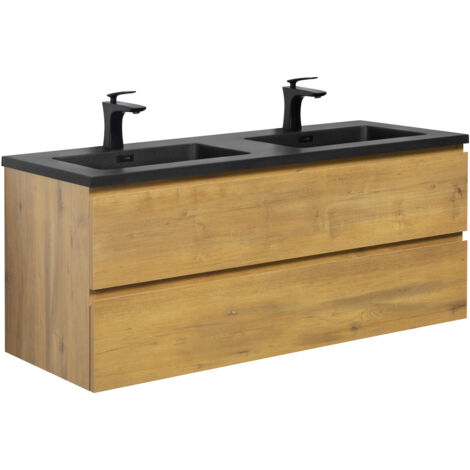 Badplaats – Meuble double vasque 120 cm avec lavabo en marbre artificiel – 2 tiroirs avec fermeture douce – Meuble en MDF chêne