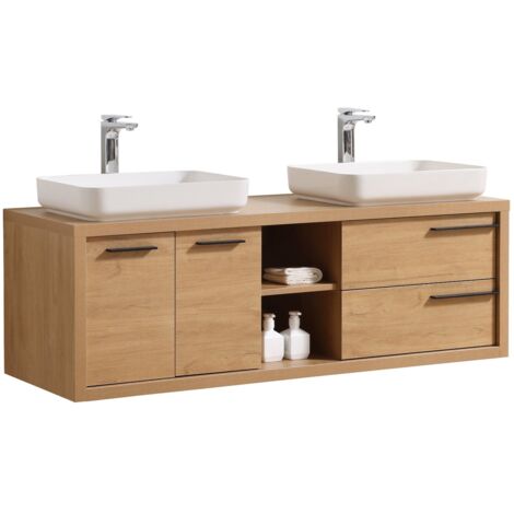 Badplaats – Meuble double vasque 150 cm en chêne – 2 tiroirs et 2 portes battantes – Lavabos avec bouchons de vidange – Fermeture soft close