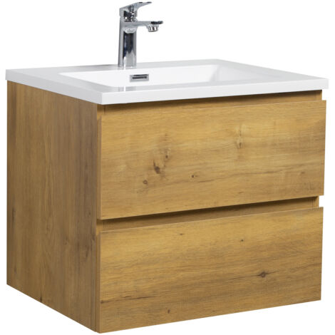 Badplaats – Meuble double vasque 60 cm chêne – Lavabo en marbre artificiel – 2 tiroirs soft-close – Installation facile pour salle de bain moderne