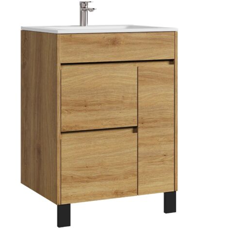 Badplaats – Meuble double vasque 60 cm en chêne – Lavabo en céramique – Dimensions 60x47x85 cm – Siphon non inclus – Garantie 2 ans
