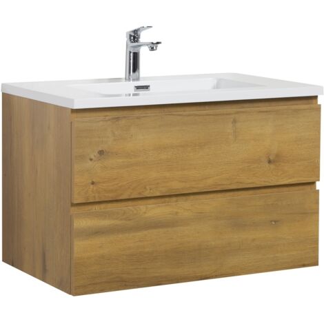 Badplaats – Meuble double vasque 80 cm en MDF chêne – Lavabo en marbre artificiel – Système soft-close – 2 tiroirs et débordement pop-up