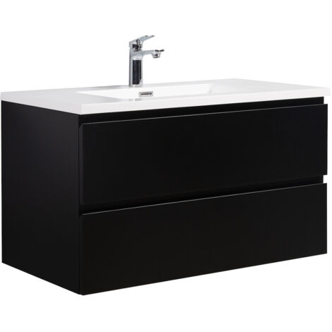 Badplaats – Meuble double vasque 90 cm avec lavabo en marbre artificiel noir mat – Système de fermeture soft-close – Dimensions optimisées pour salle de bain