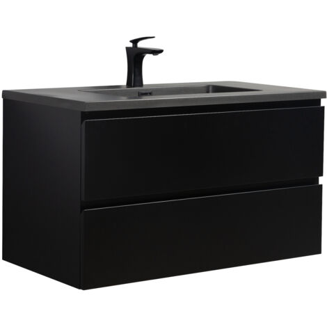 Badplaats – Meuble double vasque 90 cm – Lavabo en marbre artificiel noir mat – Système de fermeture soft-close – Dimensions 894 x 476 x 500 mm