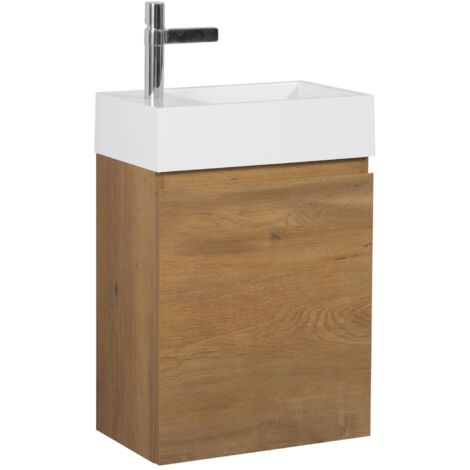 Badplaats – Meuble double vasque 40 x 22 cm en MDF chêne – Lavabo en marbre artificiel – Système de fermeture douce – Armoire de rangement
