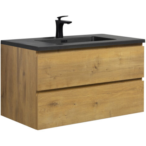 Badplaats – Meuble double vasque 90 cm – Lavabo en marbre artificiel noir – Meuble MDF chêne – 2 tiroirs soft-close – Installation rapide