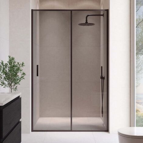 Badplaats – Paroi de douche 140 x 190 cm en verre de sécurité teinté – Porte coulissante – Profilés et bandes noires inclus – Montage facile