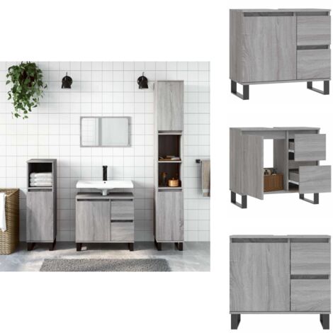 Badschrank Grau Sonoma 65x33x60 cm Holzwerkstoff - Badeschrank - Badmöbel - Grau Sonoma - Holzwerkstoff - Eisenfuß