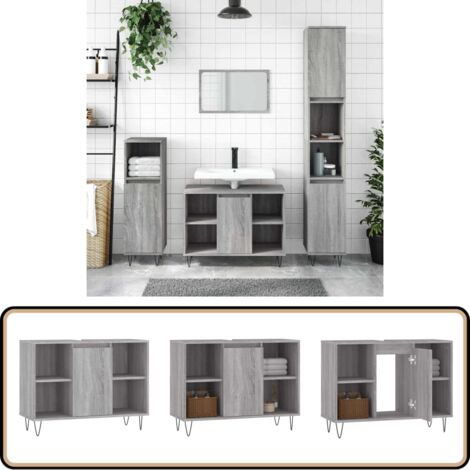 Badschrank Grau Sonoma 80x33x60 cm Holzwerkstoff - Badeschrank - Badezimmermöbel - Grauer Schrank - Holzschaukel - Wandregal