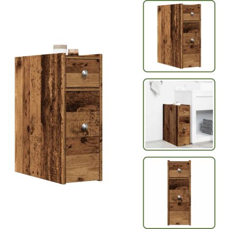 Badschrank Schmal mit Rollen Altholz-Optik Holzwerkstoff - Schmaler Badezimmerschrank - Badezimmerschrank Schmal - Schmale Badezimmerschränke - Hoher Badezimmerschrank
