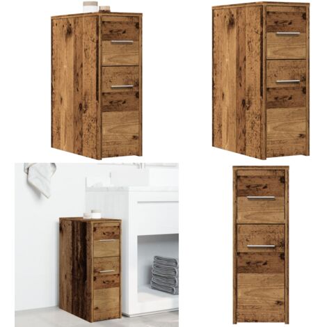 Badschrank Schmal mit Rollen Altholz-Optik Holzwerkstoff - Schrank - Schubladen