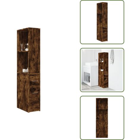 Badschrank Schmal mit Rollen Räuchereiche Holzwerkstoff - Schmaler Badezimmerschrank - Badezimmerschrank Schmal - Schmale Badezimmerschränke - Hoher Badezimmerschrank