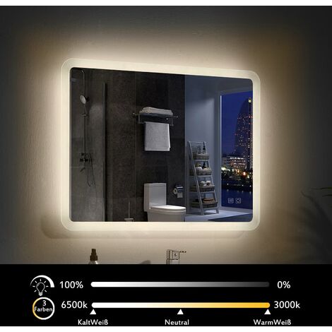 Badspiegel 100 x 60cm Beleuchtung LED Rechteckig Badezimmerspiegel Wandspiegel Bad Spiegel Touchschalter 3 Lichtfarben Dimmbar [Energieklasse A++] mit Touchschalter + beschlagfrei IP44