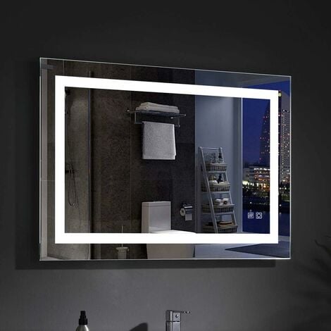 Badspiegel 90 x 60cm Beleuchtung LED Rechteckig Badezimmerspiegel Wandspiegel Touchschalter 3 Lichtfarben Dimmbar [Energieklasse A++] mit Touchschalter + beschlagfrei IP44