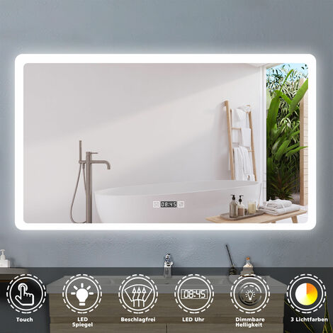 Badspiegel Badezimmerspiegel Wandspiegel mit Beleuchtung Lichtspiegel Beschlagfrei Uhr 3 Lichtfarben Dimmbar LED Memory Funktion 100 x 60 cm