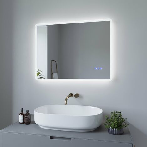 Bluetooth,Touch-Schalter und Beschlagfrei Wandspiegel Badezimmerspiegel Lichtspiegel Kaltwei/ß 6400K Bath-mann LED Badspiegel mit Beleuchtung 80x60 cm mit Uhr