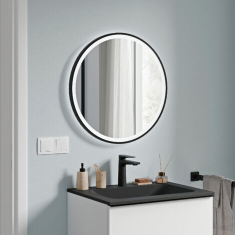 Badspiegel Bernstein VARO FRAME rund mit LED Beleuchtung, Spiegelheizung und schwarzem Rahmen - Durchmesser 60 cm