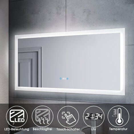 Badspiegel LED Touch mit Beleuchtung Uhr Beschlagfrei Wandspiegel 120x60 Bad