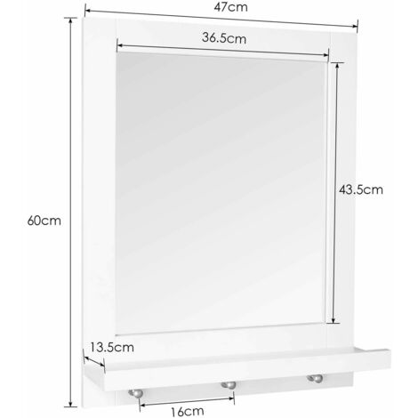 Badspiegel mit Ablage Hängespiegel mit 3 Haken aus Zinklegierung Badezimmerspiegel Wandspiegel weiß 60x47x13.5cm