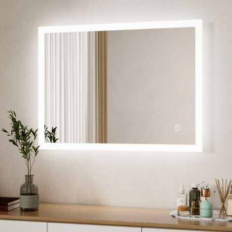 Badspiegel mit Beleuchtung 50 x 70 cm LED Spiegel mit Beleuchtung Lichtspiegel LED Badezimmerspiegel mit Beleuchtung Wandspiegel mit 3 Lichtfarben Dimmbar