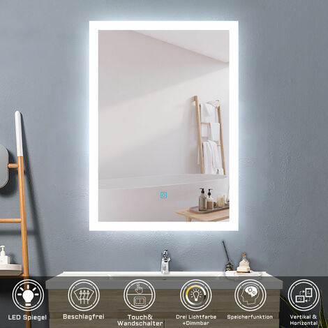 Badspiegel mit Beleuchtung Badezimmerspiegel Wandspiegel Lichtspiegel 50 x 70 cm Beschlagfrei 3 Lichtfarben Dimmbar LED Memory Funktion