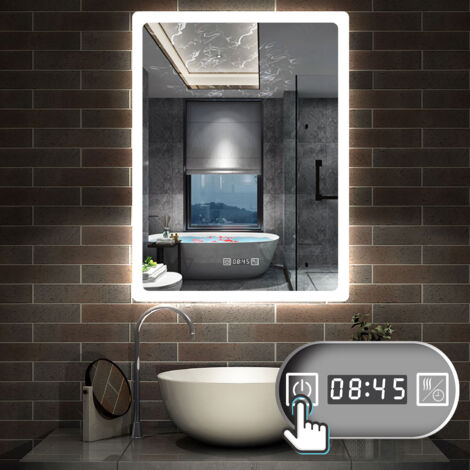 Badspiegel mit Beleuchtung Badezimmerspiegel Wandspiegel Lichtspiegel Beschlagfrei Uhr Kaltwei Helligkeit Memory Funktion 50 x 70 cm