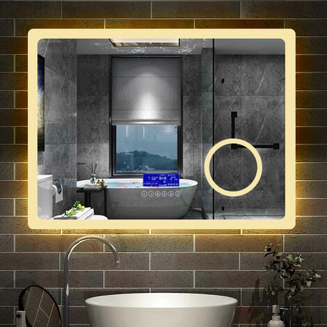 Badspiegel mit Beleuchtung Badezimmerspiegel Wandspiegel Wasserdicht Wandmontagespiegel Lichtspiegel 100 x 60 cm Beschlagfrei Bluetooth 3 Lichtfarben Dimmbar Kosmetikspiegel LED Memory Funktion