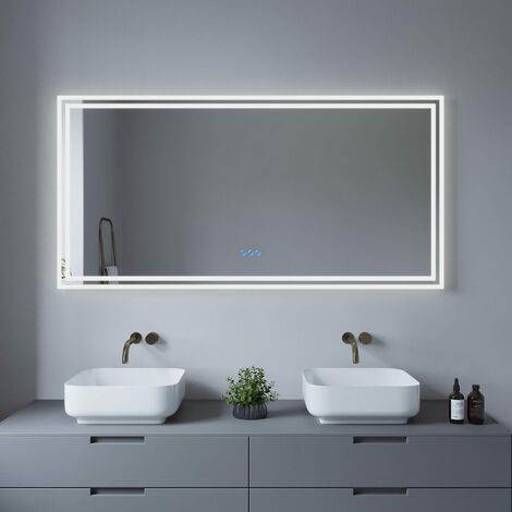 Badspiegel mit Beleuchtung Großer 140x70cm Anti-Beschlag LED Lichtspiegel Badezimmer Wandmontagespiegel mit Touch Schalter, kaltweiß & Warmweiß Licht Dimmbar, IP44 Wasserdicht, Energiesparend ESSENS-S