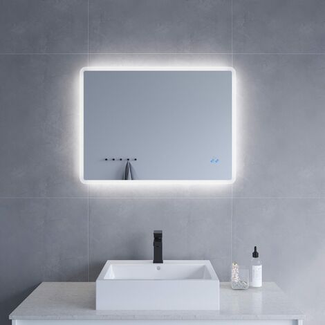 Badspiegel mit Beleuchtung LED 80x60 cm Wandspiegel Touch Schalter Lichtspiegel Badezimmerspiegel Kaltweiß 6400K, Dimmbar, Antibeschlag, Energiesparend, horizontal oder vertikal aufhängen