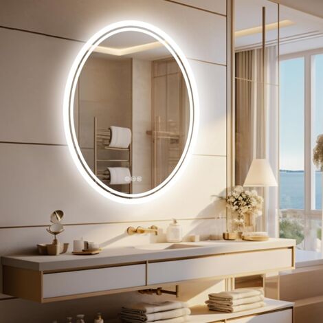 Badspiegel mit Beleuchtung, Oval LED Wandspiegel Badezimmerspiegel mit 3 Touchschalter, weiß/Tagelicht/Warmweiß Licht, Beschlagfrei